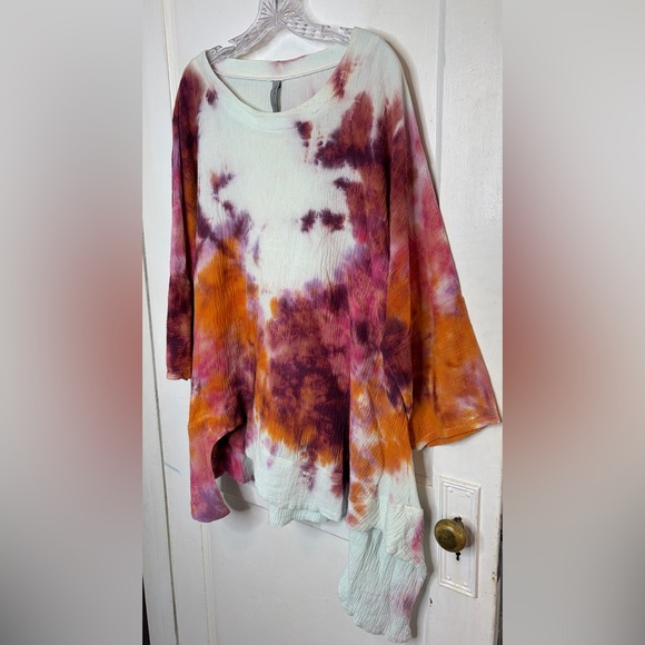 Cynthia Ashby Tie Dye Crinkle Gauze Linen Asymmetrical Tunic Top OS Lagenlook - Picture 2 of 8